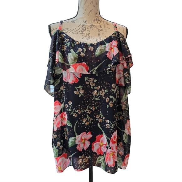 Cabi Navy Multicolor Floral Short Sleeve Cold Shoulder Blouse L - Picture 2 of 9